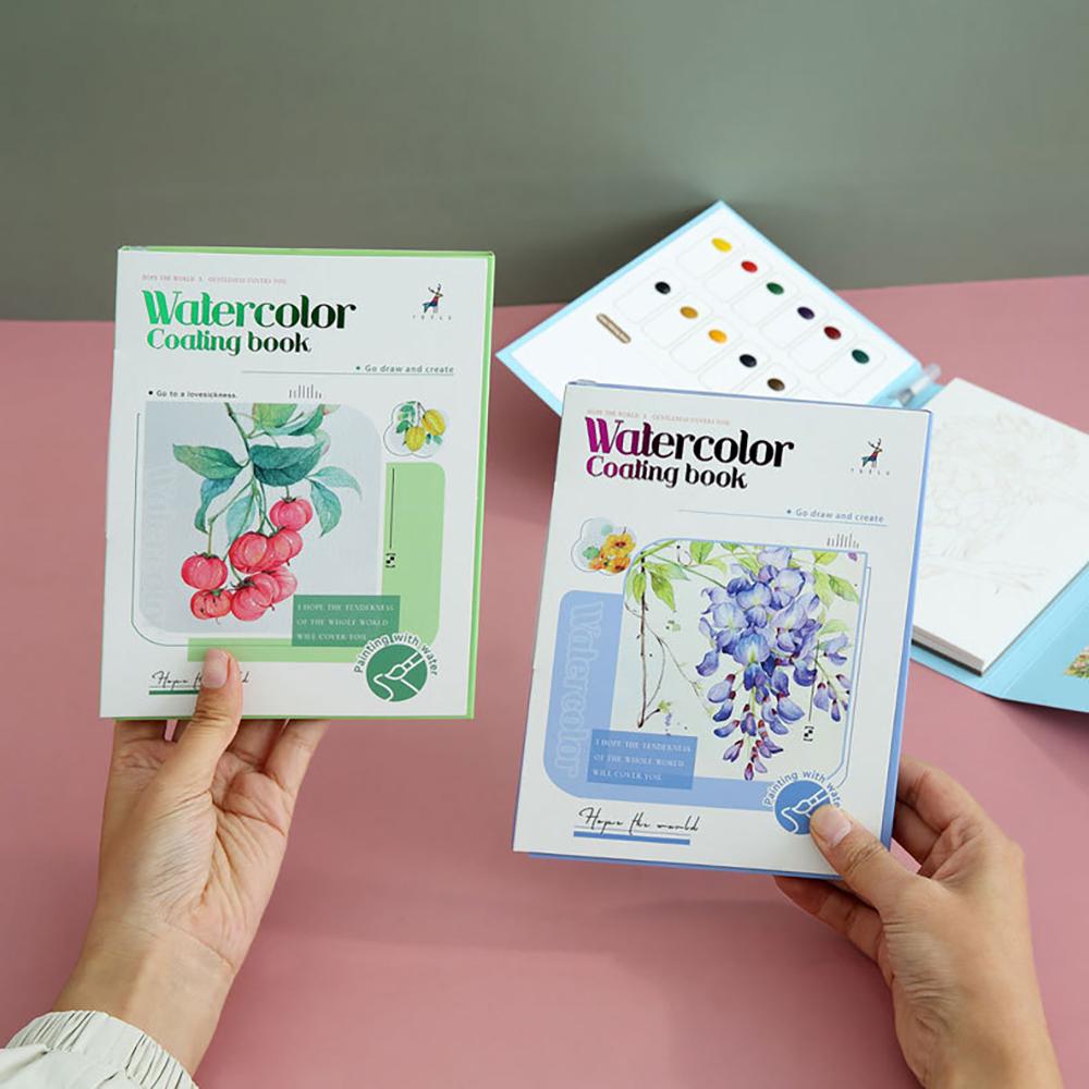 Three fold watercolor coloring book with built-in pigments, adult decompression DIY portable coloring watercolor drawing book