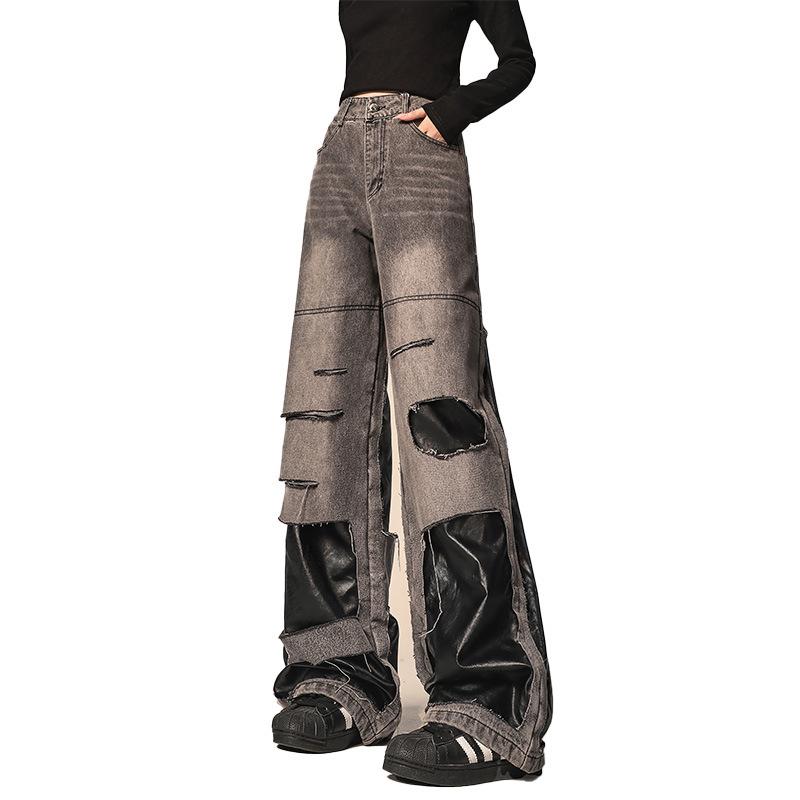 

Дымчато-серые потертые лоскутные джинсы, прямые женские брюки с широкими штанинами в ретро-дизайне, утягивающие брюки L черный серый