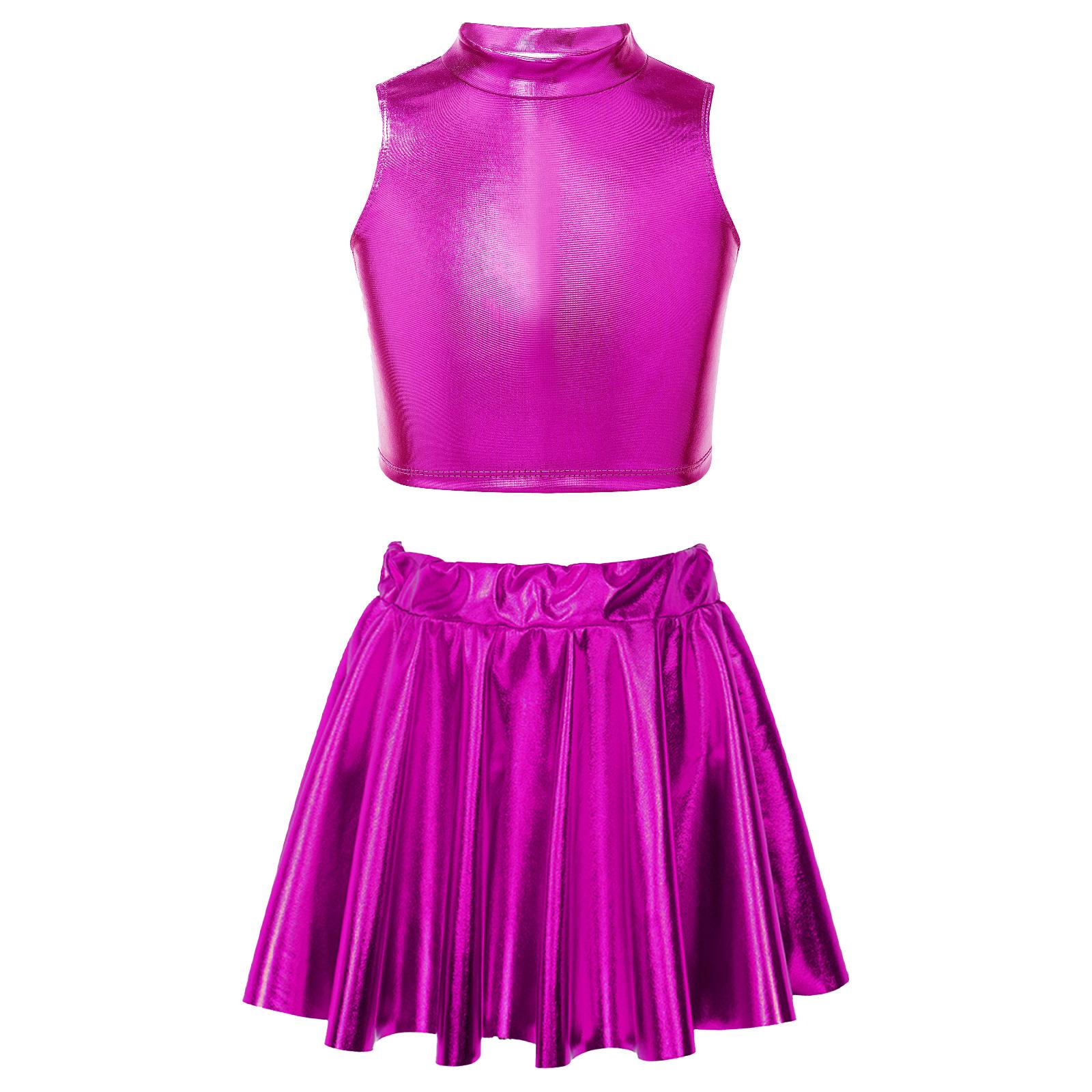 

Укороченный топ для девочек с металлическим принтом, без рукавов, водолазка, эластичная талии, юбка, комплект для выступлений 13-14 Years ярко-розовый