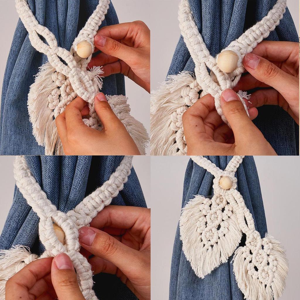 2 Pcs Boho Curtain Tiebacks,Curtain Tie Backs,Hand Knitting Cotton Curtain Holdbacks with Adjustable Natural Wooden Bead,Double Leaves Farmhouse