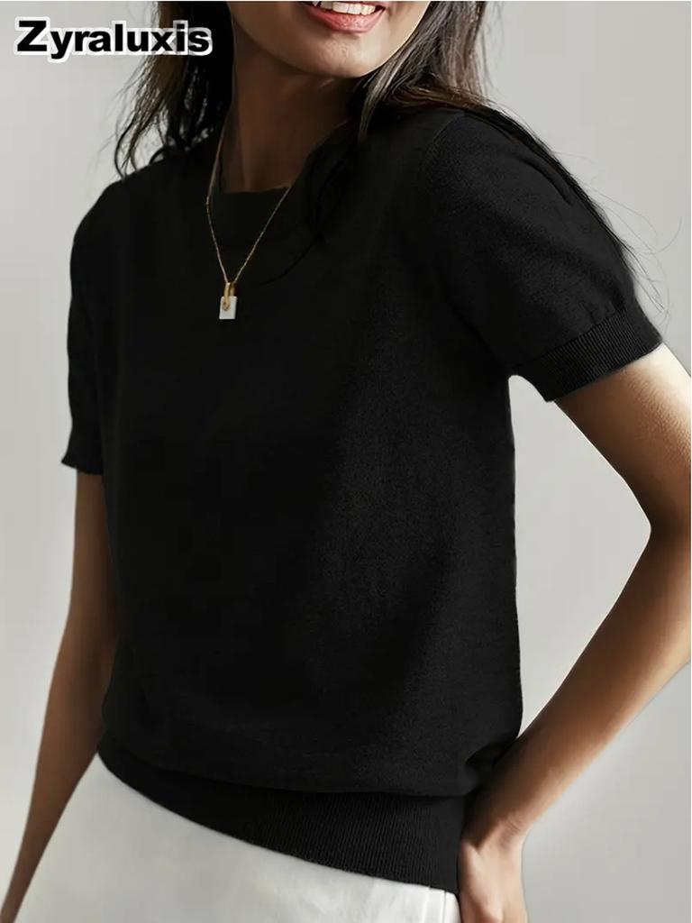 Women's Knitted Short Sleeve T-Shirt for Summer Casual Loose Pullover