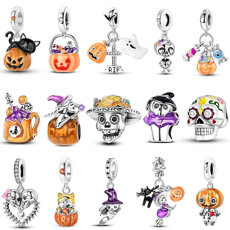 Halloween Series Charms Bead Copper Skull Umpkin Ghost Witch Luminous Charm Fits Bracelet Necklace Diy Jewelry