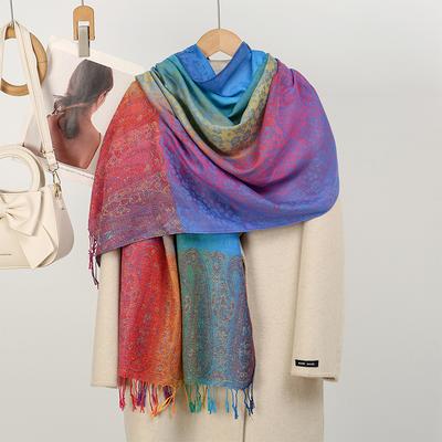 Macaron Regenbogenfarbe Winter Pashmina Schal Dickes Paisley Jacquard Schal Damen Reise Winddicht Muslimischer Hijab Wickel Quaste Poncho