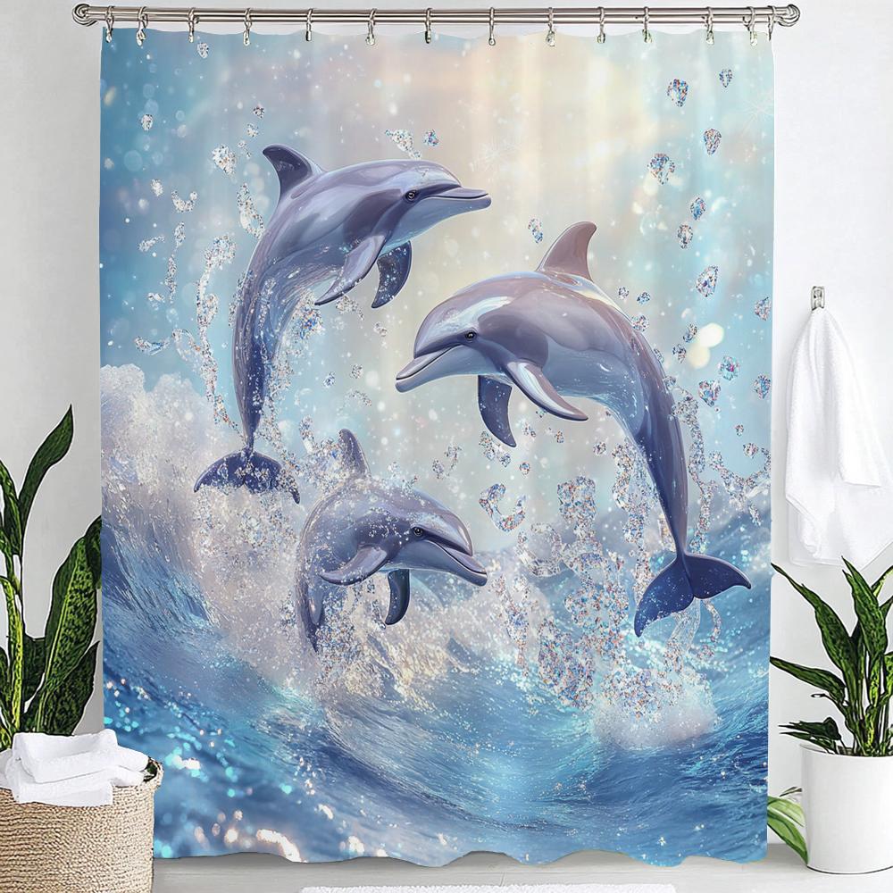 1pc Underwater World Blue Ocean Dolphin Cartoon Print Waterproof Shower Curtain Partition Privacy Hanging Curtain with 12 Hooks