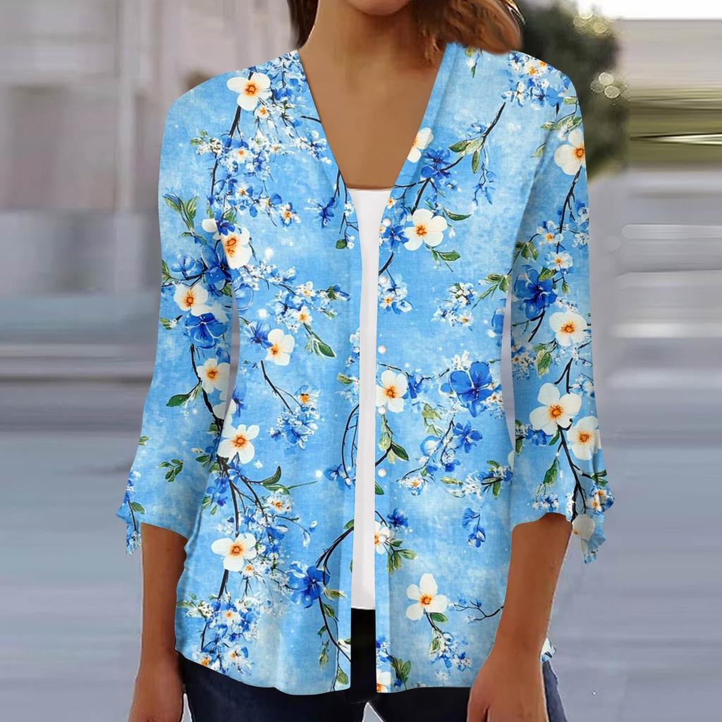 Women's Fashion Loose Casual Printed Seven-Part Sleeve Button Down Blouse Cardigan Top