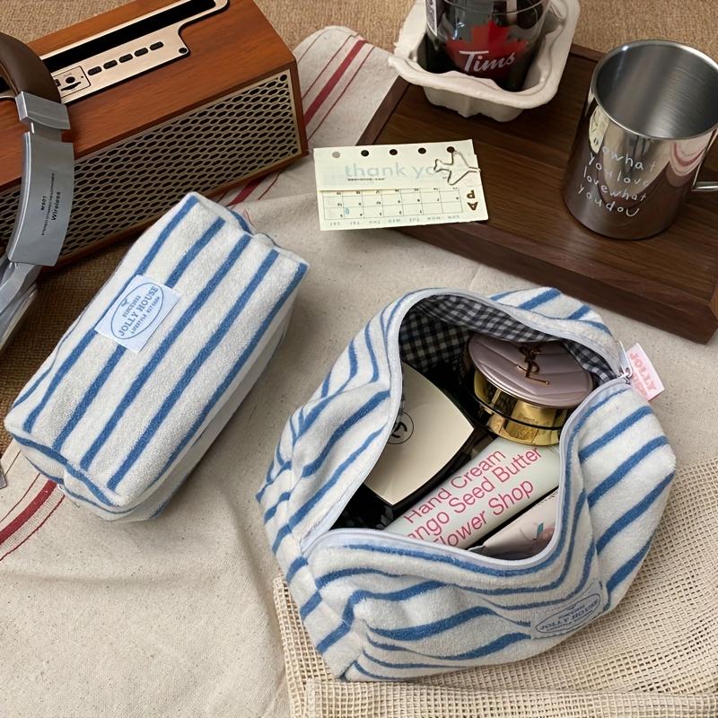 

1pc Striped Makeup Bag Large Capacity, Travel Toiletry Organizer Pouch for Skincare Brushes, Women s Cosmetic Storage Small синій