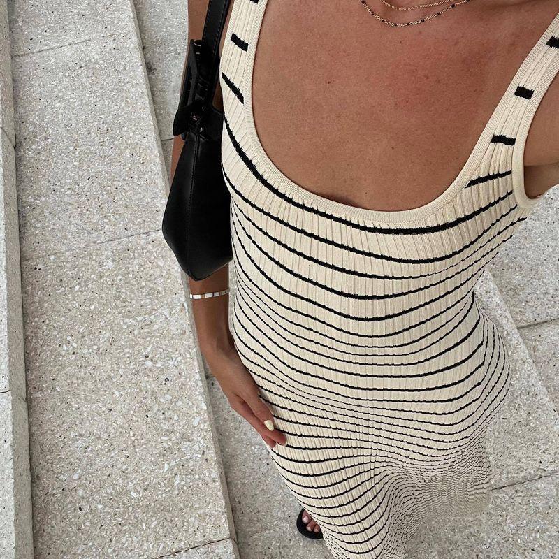 Stripe Vest Contrast Color European and American Style Beach Vacation Sexy Long dress Knitted Sunken Stripe Long Dress Summer Women