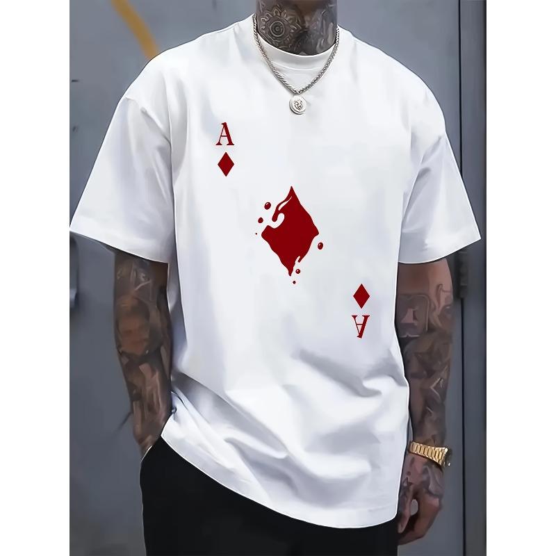 European sizes Men'S Casual Black T-Shirt with Ace of Spades Design - Short Sleeve, Crew Neck, Blend, Summer Streetwear