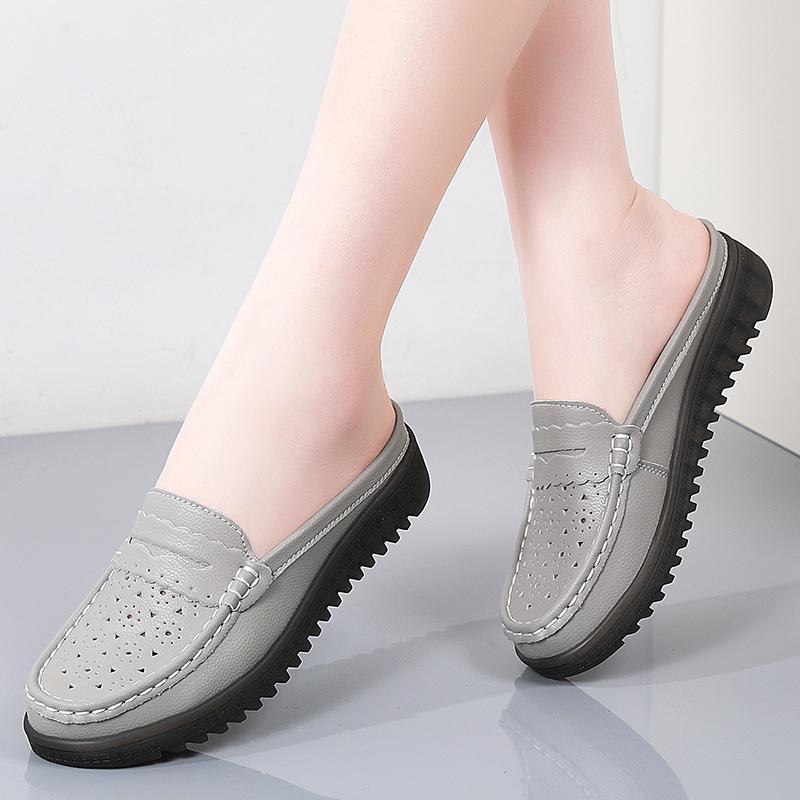 Women Soft Mules Loafers Slip on Casual Elegant Summer Slippers Breathable Leather Sandals Black Moccasin Shoes for Mother