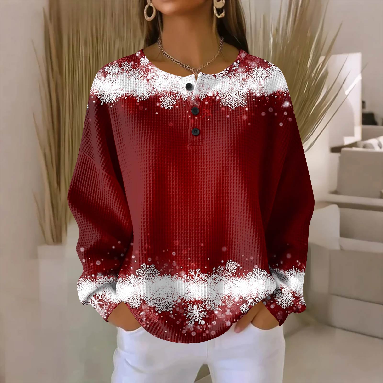 

Женская модная повседневная блузка с принтом на рождественскую тематику, V-образным вырезом, длинными рукавами и застежкой на пуговицы XL винный