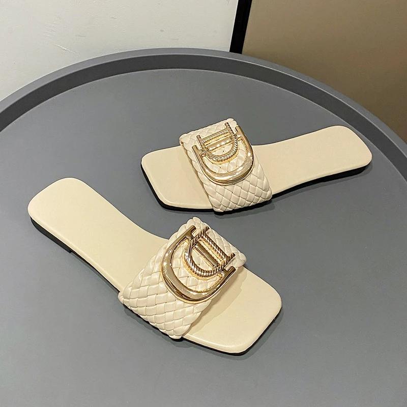 

Модные женские тапочки для вечеринки, сексуальные элегантные тапочки, женские, роскошный декор, плетение, дизайнерские сандалии на плоской подошве, модные шлепанцы с открытым носком, женские 36 бежевый