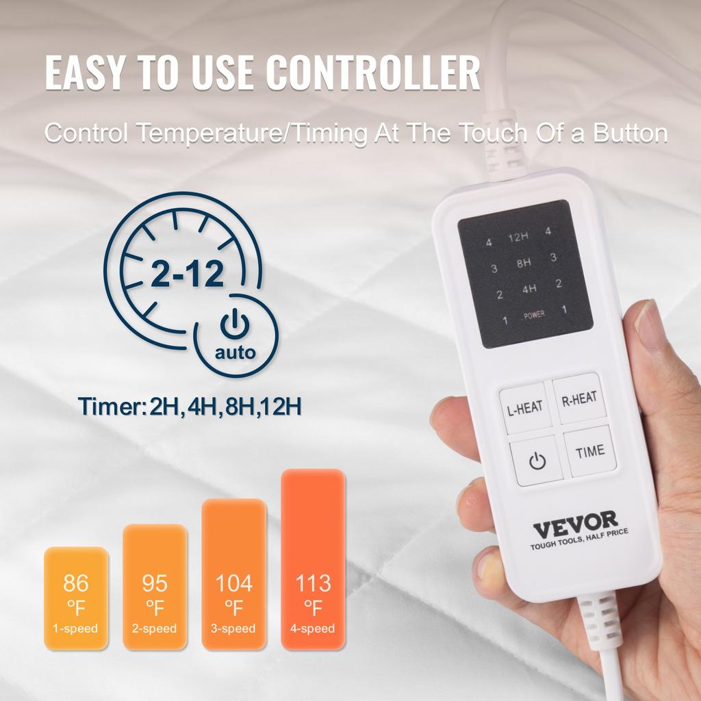 VEVOR Heated Mattress Pad, 195 X 165 Cm, Queen Electric Bed Warmer with 4 Heat Settings Control, 12-Hour Timer, 8-Hour Auto Off