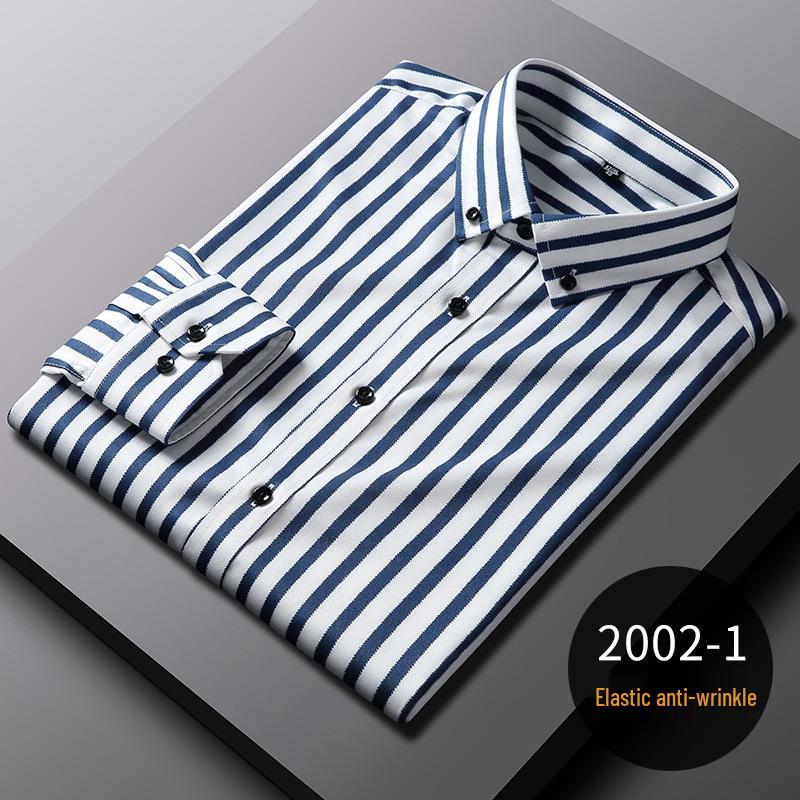 Men's Spring Easy-Care Striped Long Sleeve Stretch Slim Fit Shirt - Iron-Free Business Wear