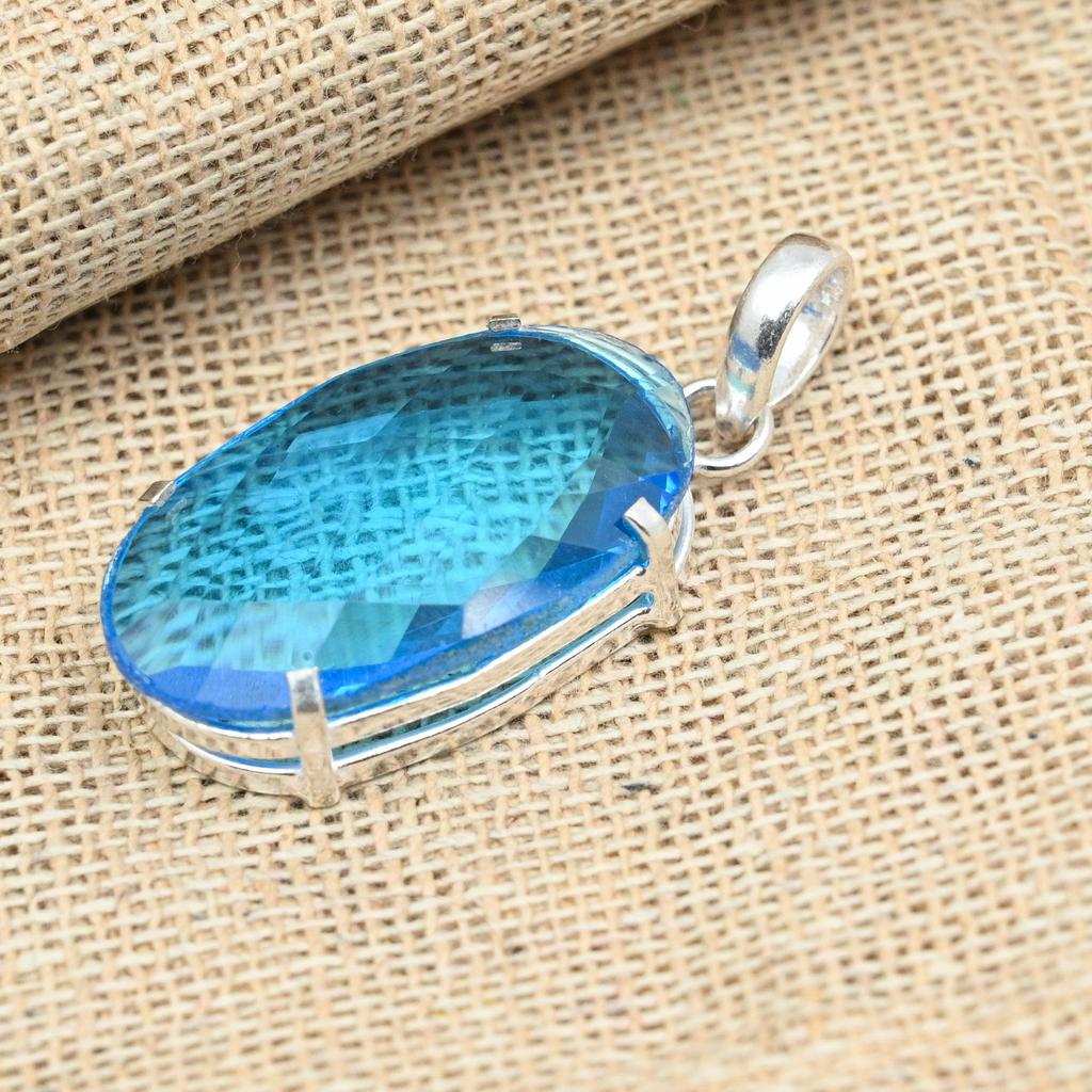Faceted Blue Topaz Gemstone 925 Sterling Silver Handmade Charming Pendant Jewelry