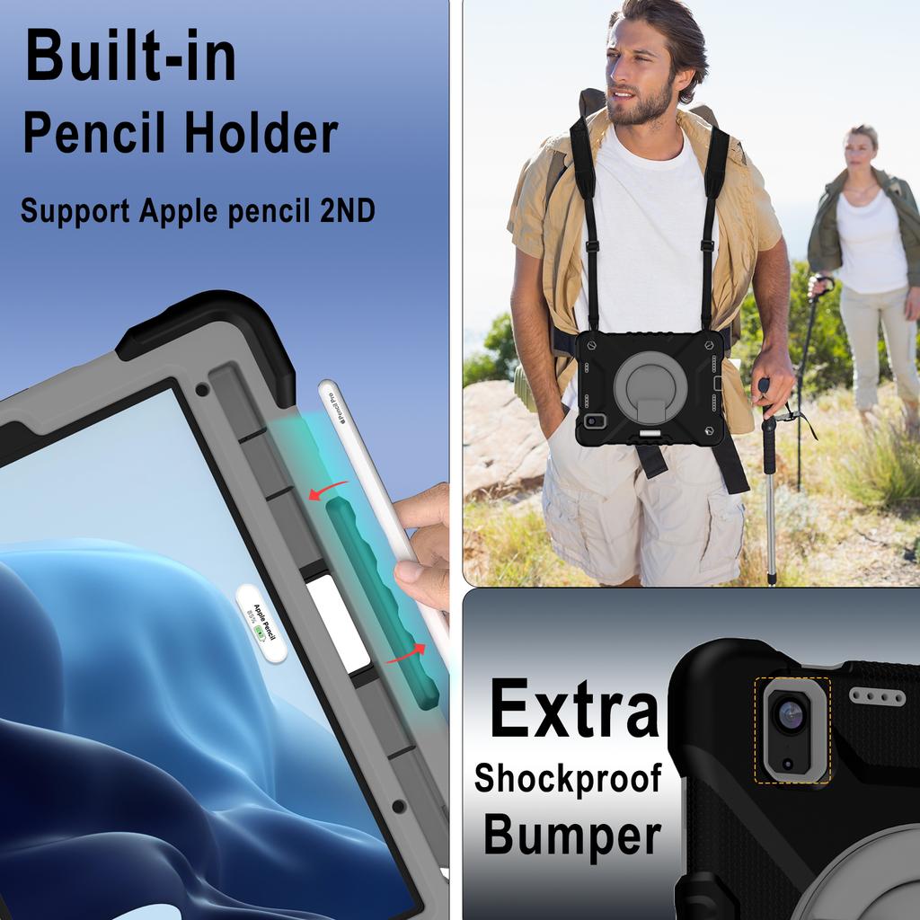 Hybrid Stand Case Universal for IPad Mini 7 2024 A17 Pro Mini 6 2021 8.3 Inch Cover with 360 Rotating Handle Grip Shoulder Strap