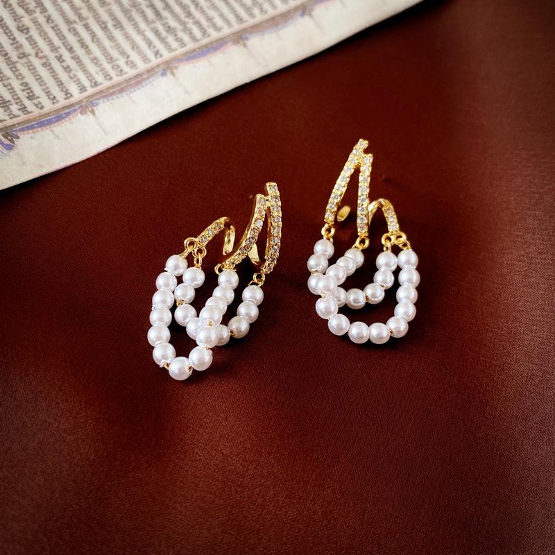 Retro Double Layer Pearl Tassel Stud Earrings - Real Gold Plated Fashion for Women