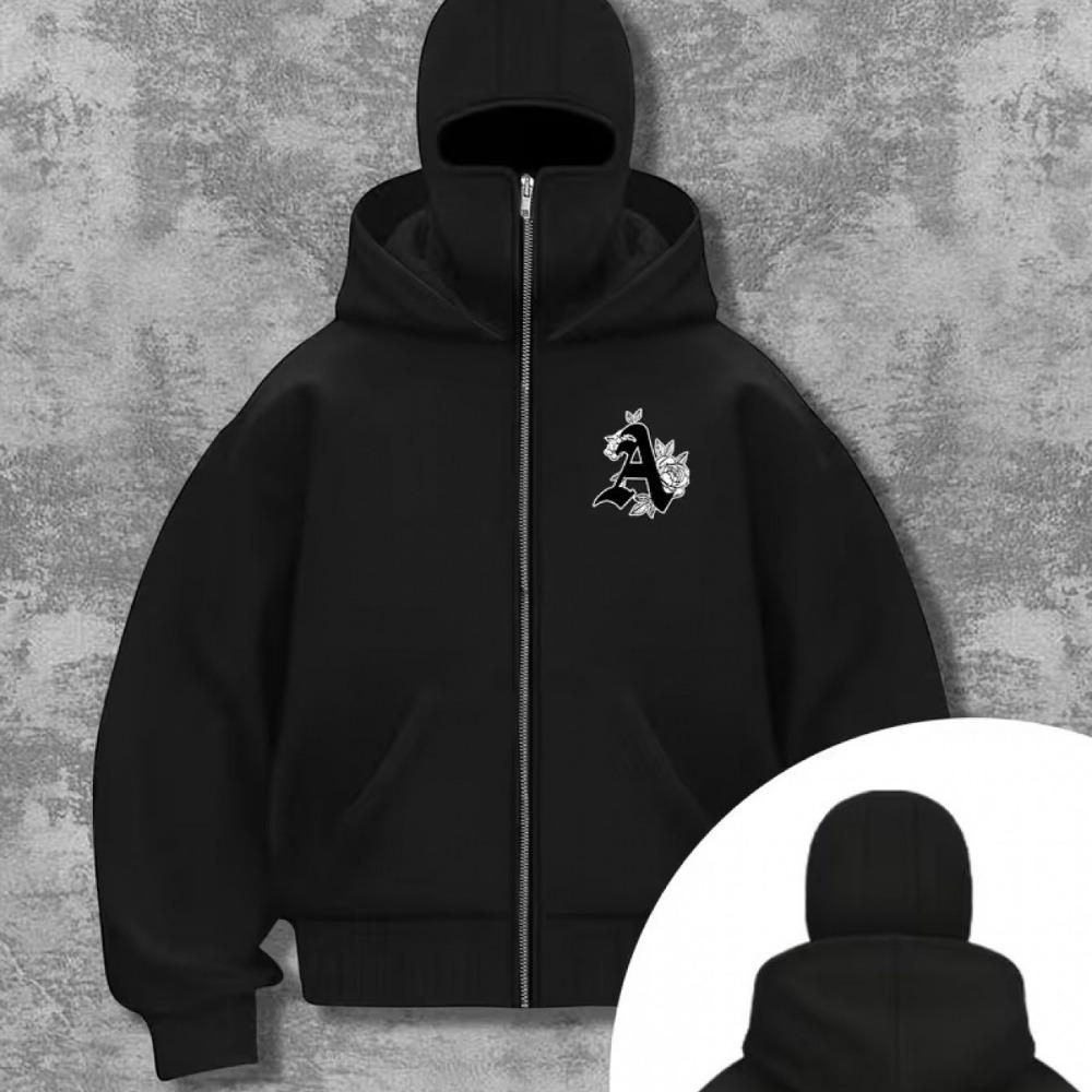 Men's Black Double Zipper Sweatshirt, Berlin Graphic Loose Street Hip-hop Hoodie Full Zipper Urban Fashion Hoodie Pullover Jacket