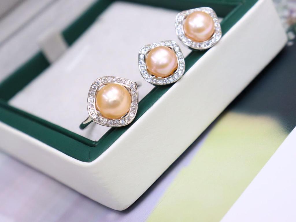 Elegant 8-9mm Freshwater Pearl Necklace, Silver Stud Earrings, and Ring Set for Women
