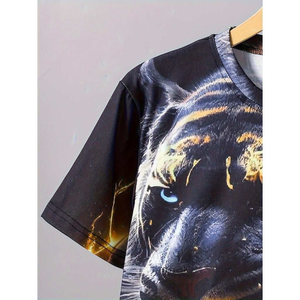 Boys' Casual 3D Lightning Tiger Print Round Neck Set, Short Sleeved Two-piece Set, Suitable for Outdoor Sportswear