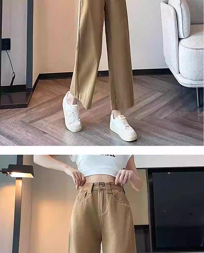 Khaki High-Waisted Cropped Wide-Leg Jeans for Women - Summer 2026 Thin Style, Petite Fit, Leg-Covering Straight Pants.