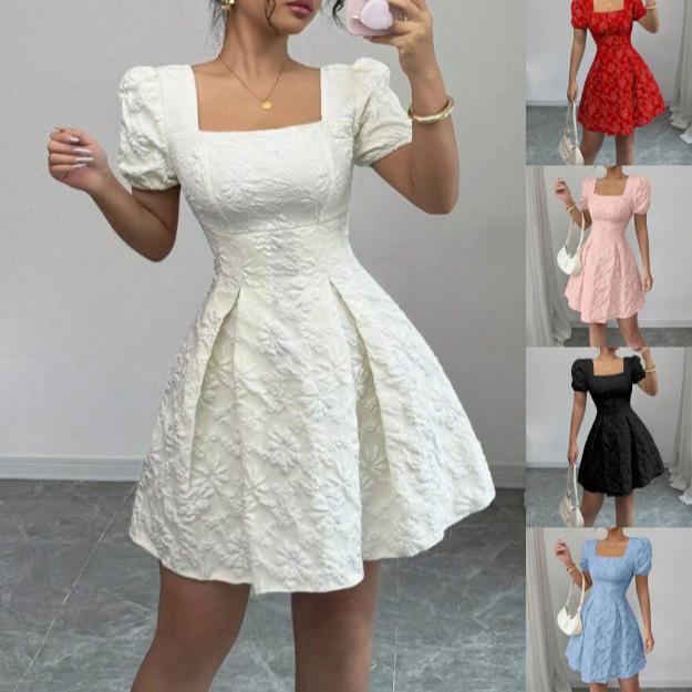 Spring and summer European and American temperament elegant bubble sleeves show height A square neck dress women's clothing
