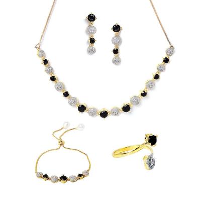 Schmuckset für Damen, American Diamond-Kombination aus Halsketten-Set mit Ohrringen, Armband und Ring für Mädchen und Damen