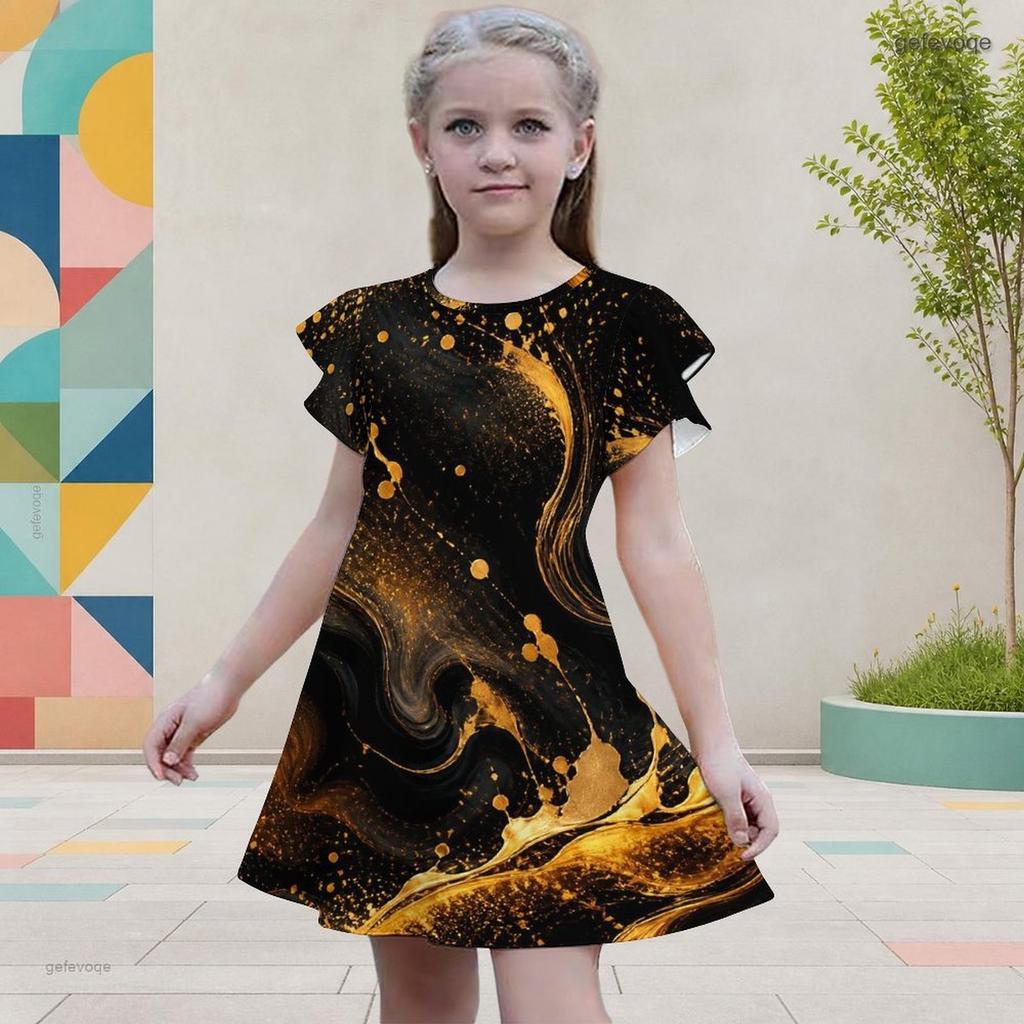 Girls Galaxy Printed Round Neck Flutter Sleeve A Line Flared Dress