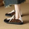 Fashion Women Lace Up Sneakers Genuine Leather Splicing Flat Shoes Black Leopard Print Ladies Casual Flats Womens Round Toe Footwear