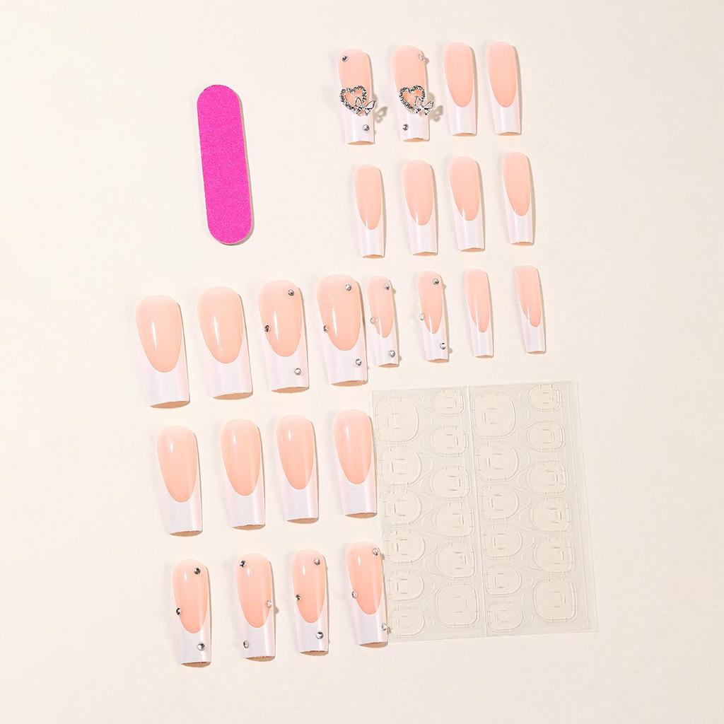 Long White Wearable Nails with Aurora French Tips, Heart & Butterfly Rhinestone Designs