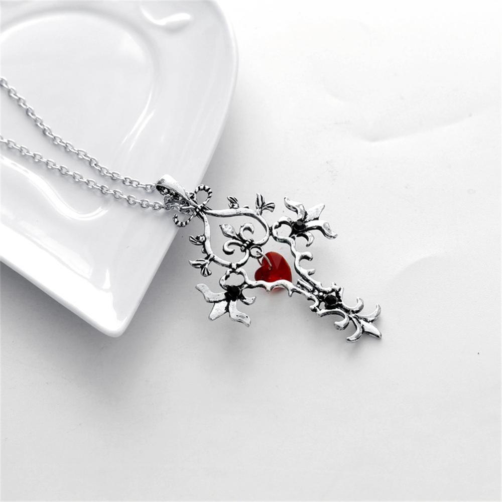 Fashion Vampire Diaries Vintage Charm Unique RED Sacred Heart Crystal Cross Pendant Necklace Jewelry Gifts
