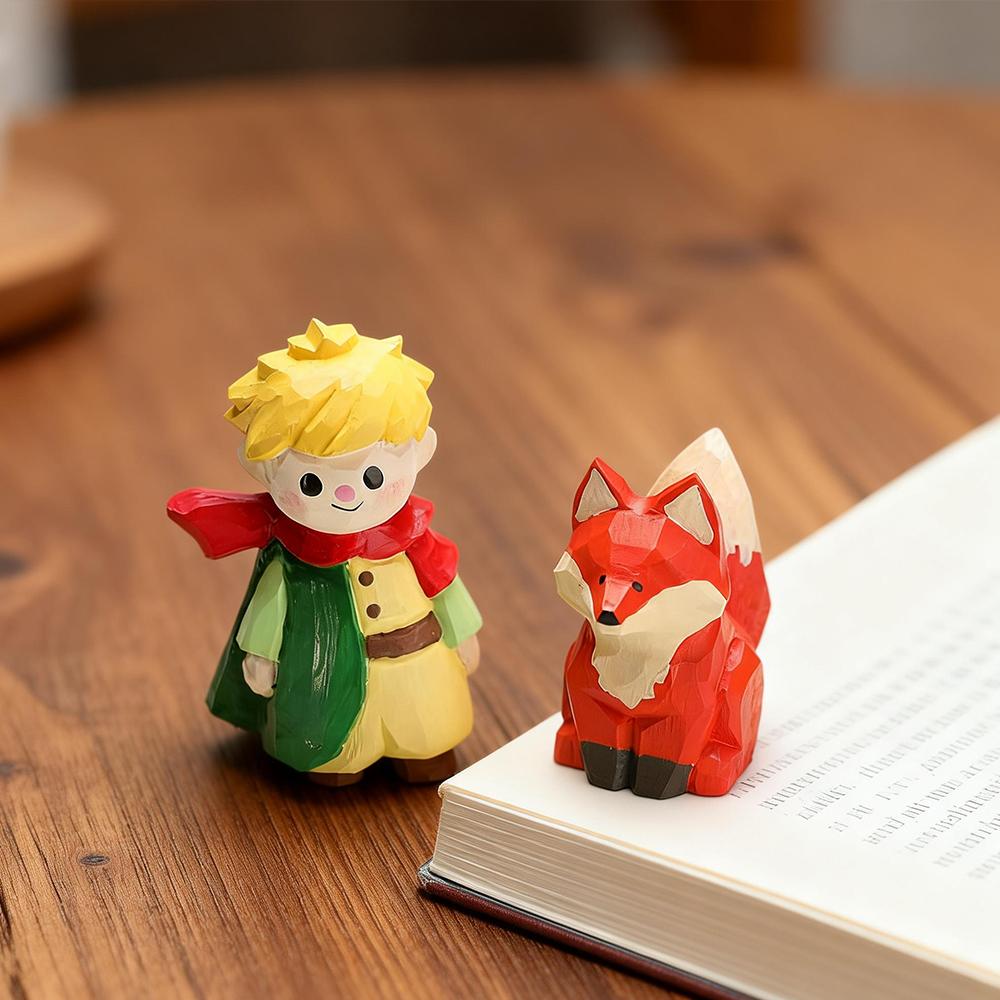 Vintage Handmade Solid Wood Fox Sculpture Statue Miniature Animal Figurines Desktop Ornament for Home Office Decoration Gift