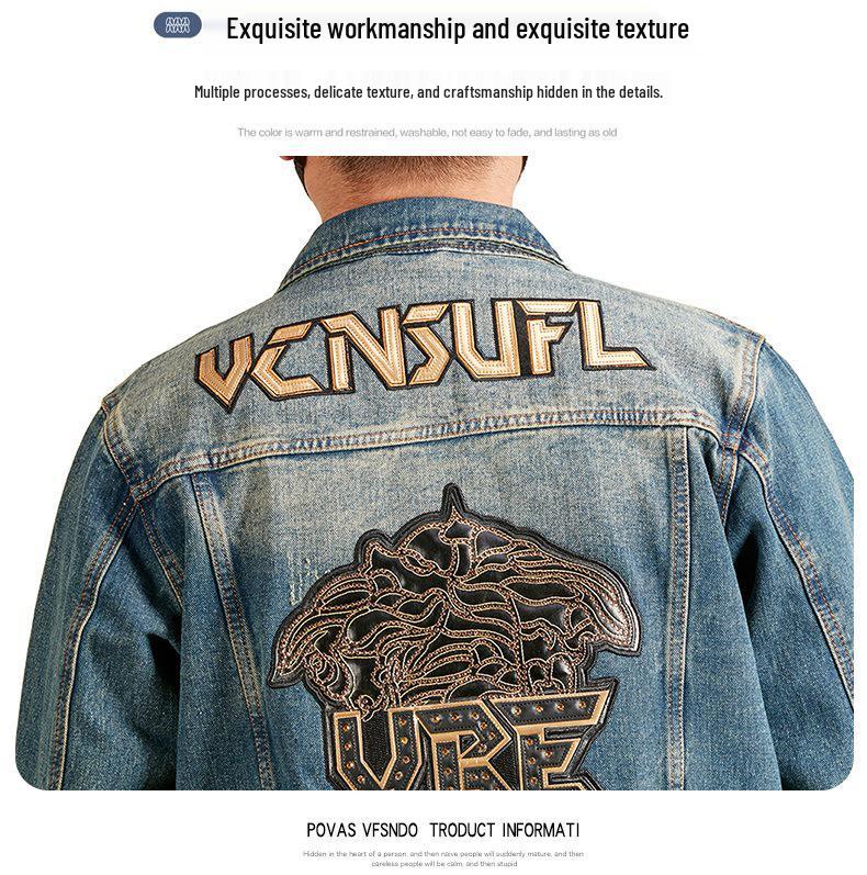 Xintang Men's Distressed Denim Jacket - Loose Fit Long Sleeve Outerwear 2025