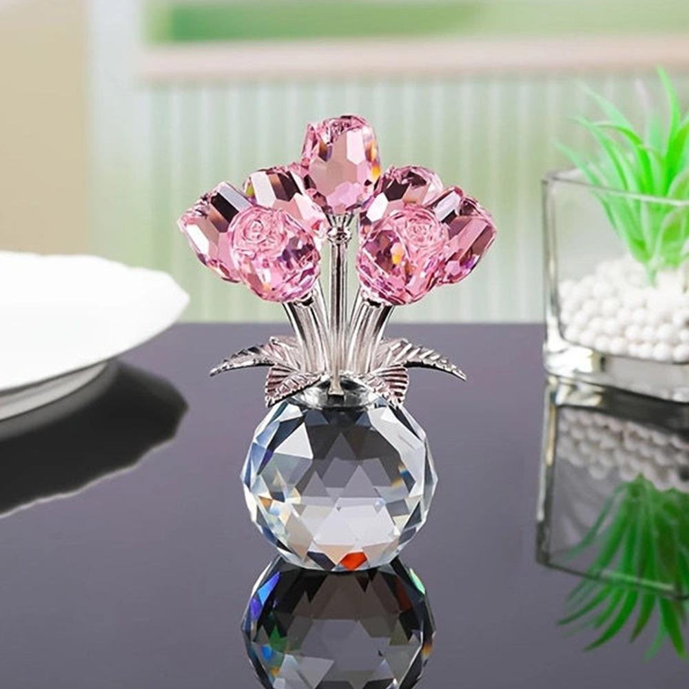 Crystal Rose Sculpture Reflect Handmade Rose Bouquet Ornaments Colorful Small Desktop Floral Decorations Valentine's Day