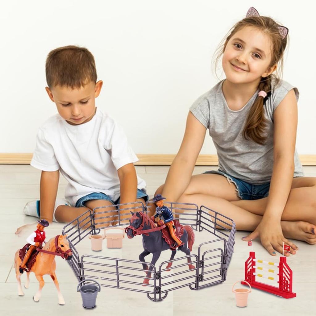 Western Rodeo Horse Toys for Girls and Boys - Cowboy Dodeo with Western Rider and Horse Figurine Fence Horse Toy Set Birthday Gift for Kids Toddlers