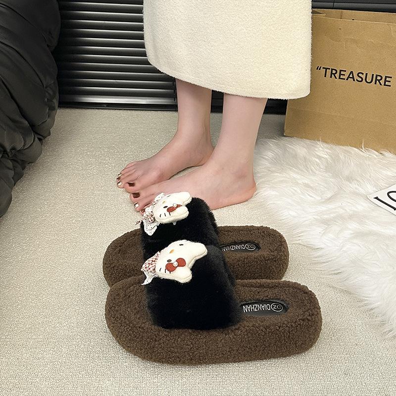 Fleece Warm Fluffy Slippers One-word Drag Internet Celebrity Fashion Cartoon Hello Kitty Cotton Slippers Women's 2025 Autumn and Winter New