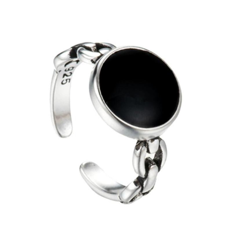 Simple Epoxy Round 925 Sterling Silver Jewelry Personality Distressed Chain Geometric Retro Opening Rings TYB036