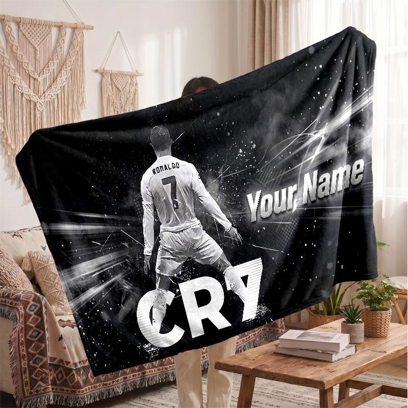 Cristiano Ronaldo Personalized Fleece Blanket With Football Logo, Custom Name Text Soft Warm Home Throw Blanket