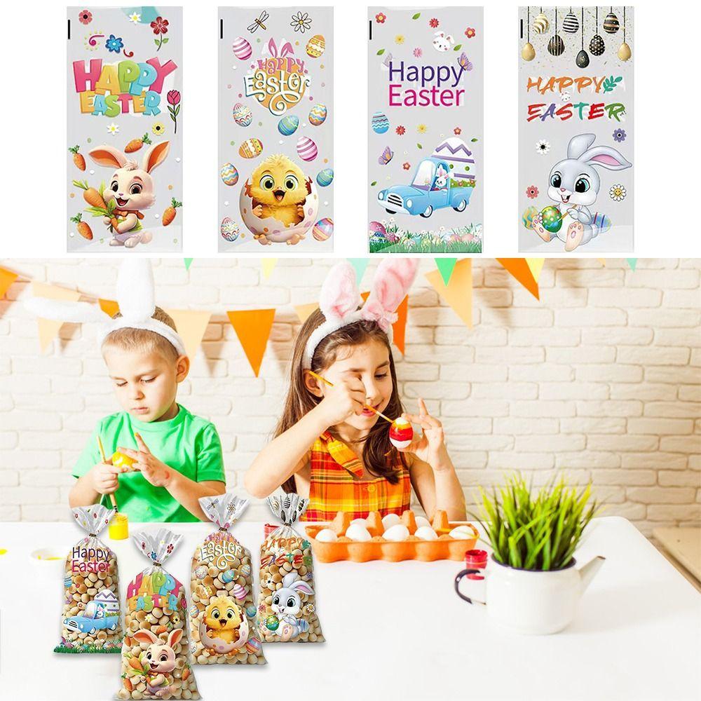 50PCs New Cartoon Easter Candy Cookie Bag Easter Rabbit Plastic Bunny Eggs Gift Bag Cookies Chocolate Pouches Party Supplies