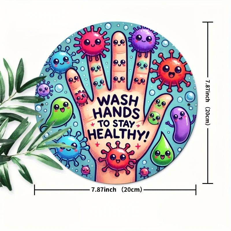 Wash Hands Health Sign D Flat Metal Round xin Colorful Germs Easy Clean