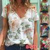 V-ringad tröja med blommönster med kort ärm i flerfärgad lös T-shirt för kvinnor