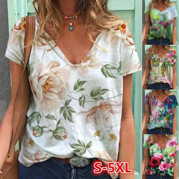 V-ringad tröja med blommönster med kort ärm i flerfärgad lös T-shirt för kvinnor