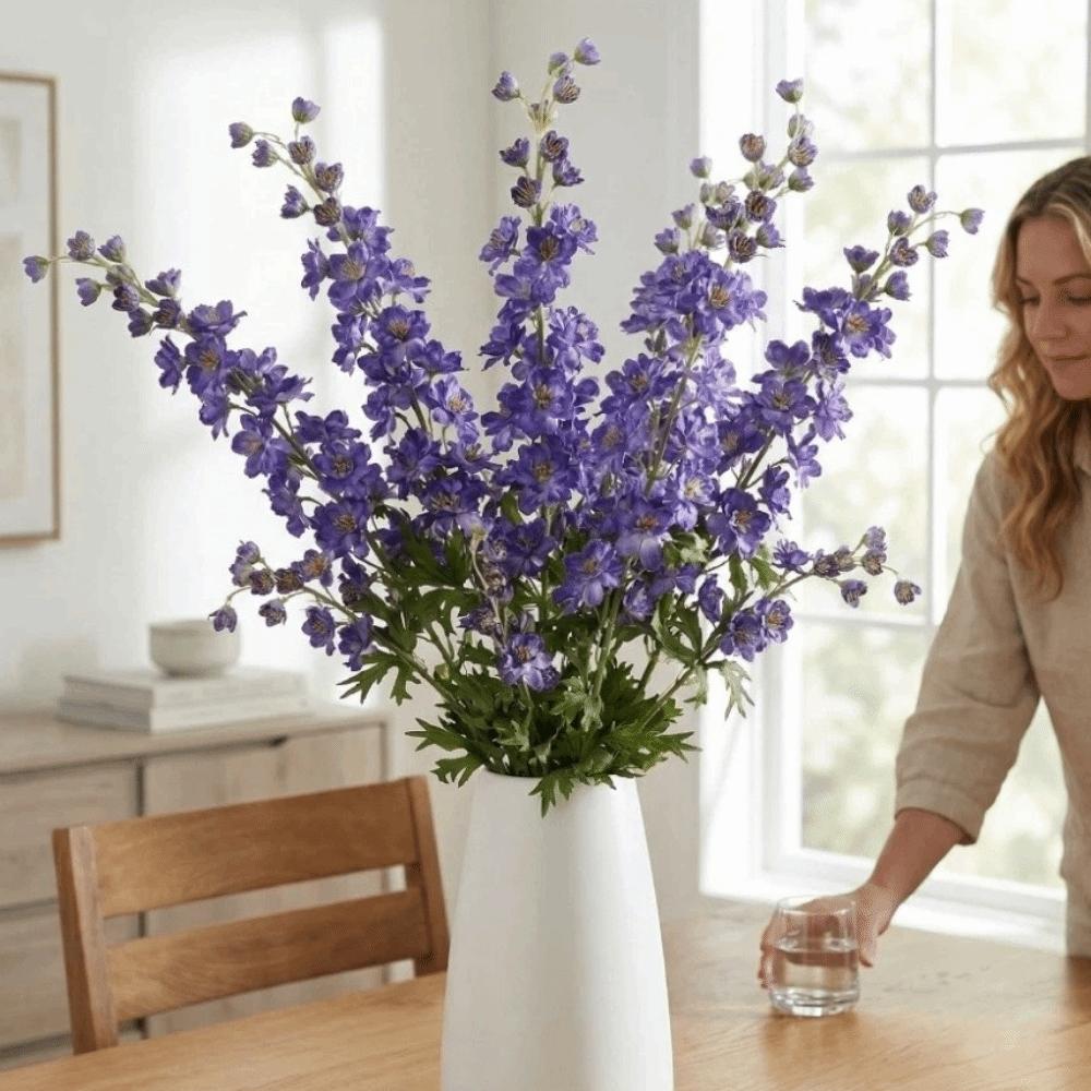 Green Leaves Artificial Larkspur Flower Handmade Real Touch Faux Hyacinth Flower Branch Realistic Artificial Fake Flower