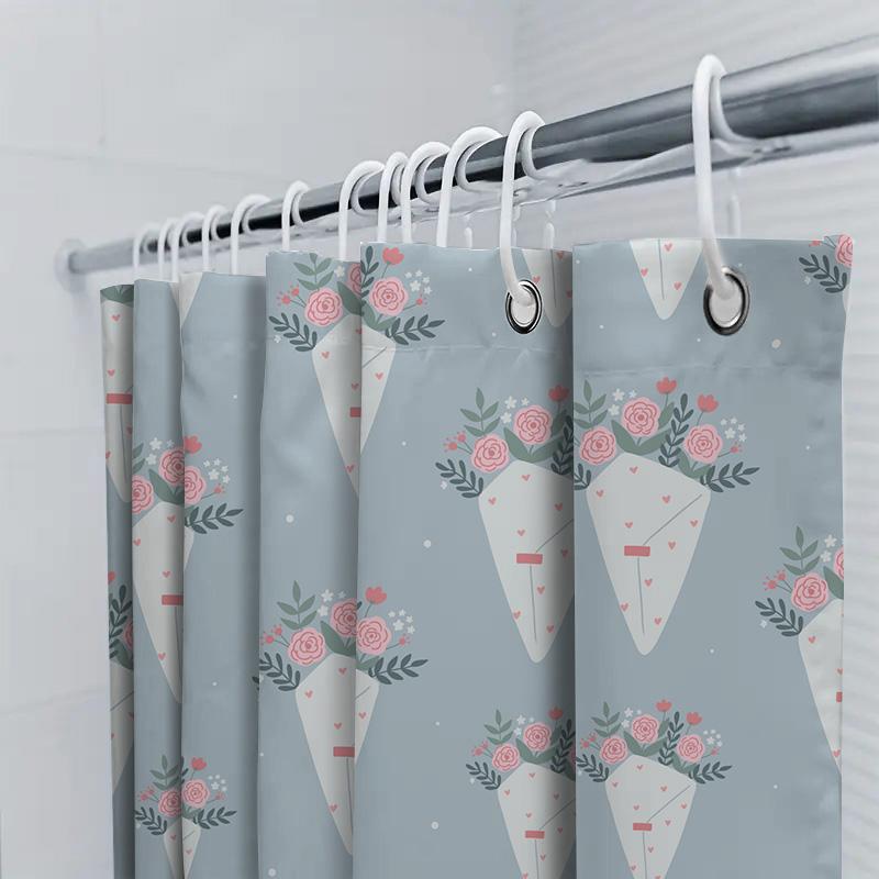 Blue Shower Curtain With Floral Cone Design For Bathroom Decorations Home Accessories Decoration For Women'S Bathrooms