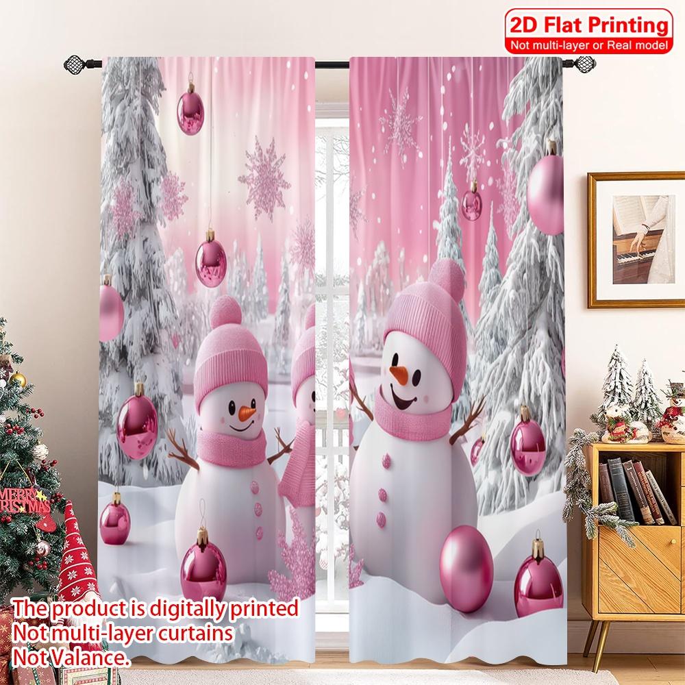 

2D flat printing 2pcs Christmas Scene Curtain Pink and White Winter 100% Polyester Without Electricity Festive Wall Decor 100*130 Grommet Top 1pcs