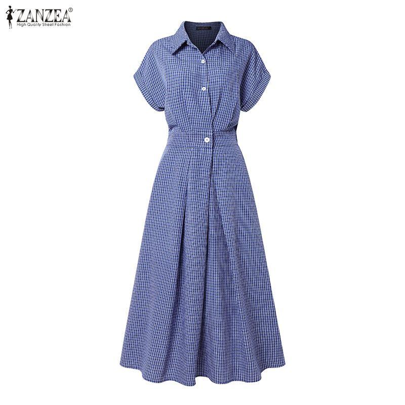 ZANZEA Casual dames overhemdjurk met omgeslagen kraag, ruitprint, losse korte mouwen