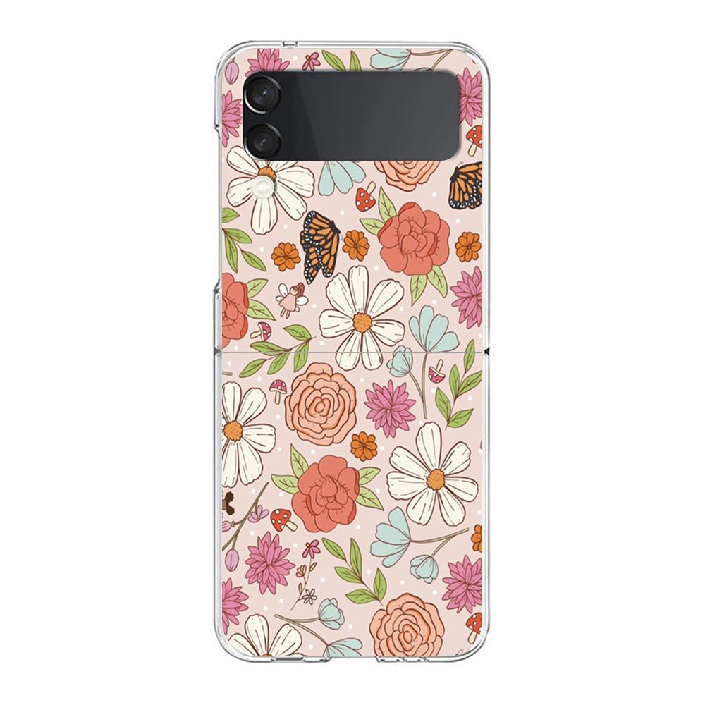 Transparent Phone Case For Samsung Galaxy Z Flip 3 4 5 6 7 Hard Folding PC Z Flip3 Flip4 Cover Stylish Flower Patterned Design