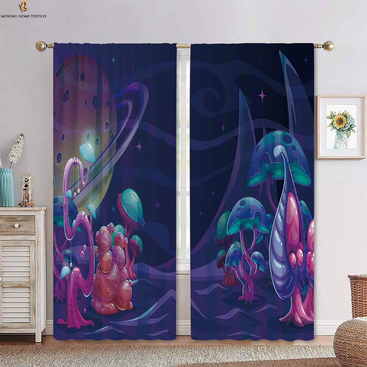 

Set Of 2 Fantasy Cartoon World Mushroom Printing Curtain Bedroom Kitchen Living Room Children Decorative Polyester Ideal For Area W100*H130(CM)-Grommet top&2PCS