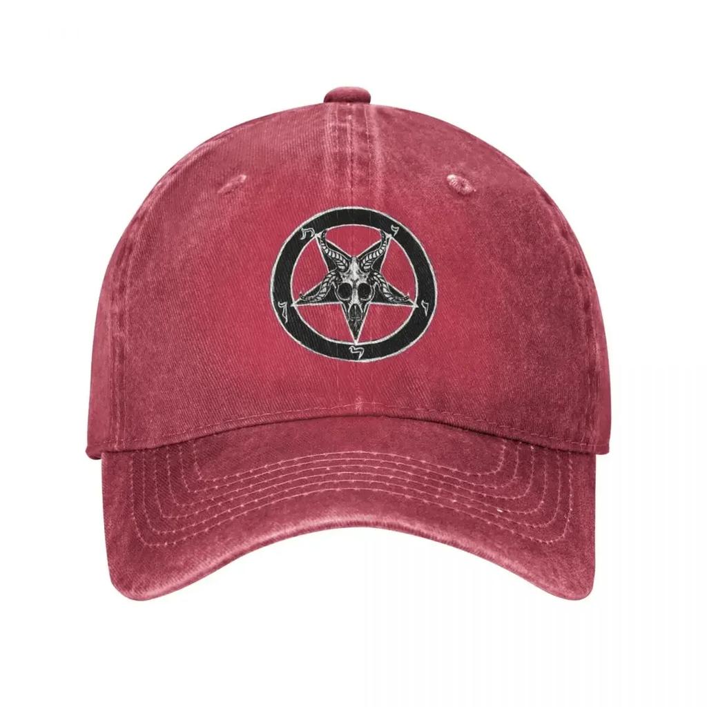 Casquettes de Baseball Unisexes Pentagramme de Baphomet Pentagramme Occulte Crâne de Bouc Chapeaux Lavés Usés Casquette Chapeau Snapback d'Été Vintage