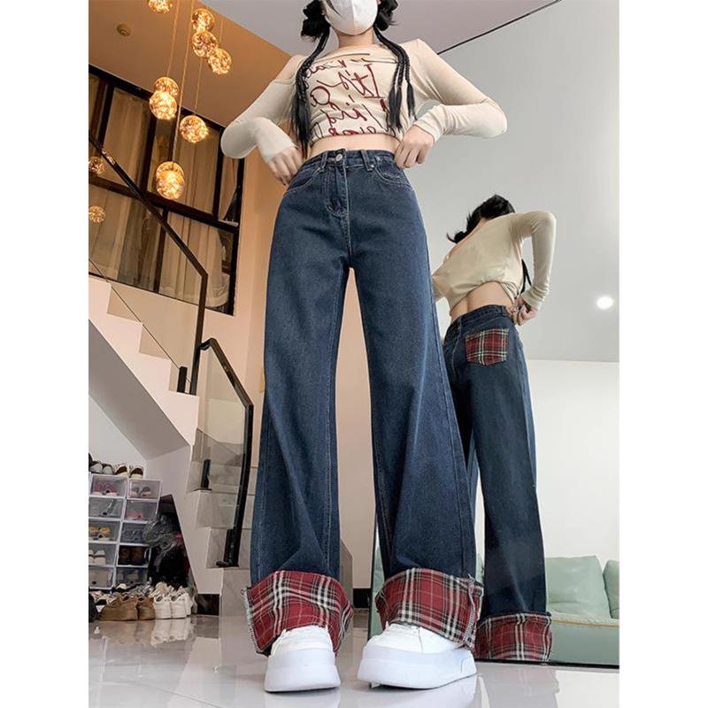 

Women s Dark Blue Plaid Patchwork High-Waist Wide-Leg Jeans - Plus Size, Loose Fit, Slimming, Pear-Shaped, Autumn Style 3XL