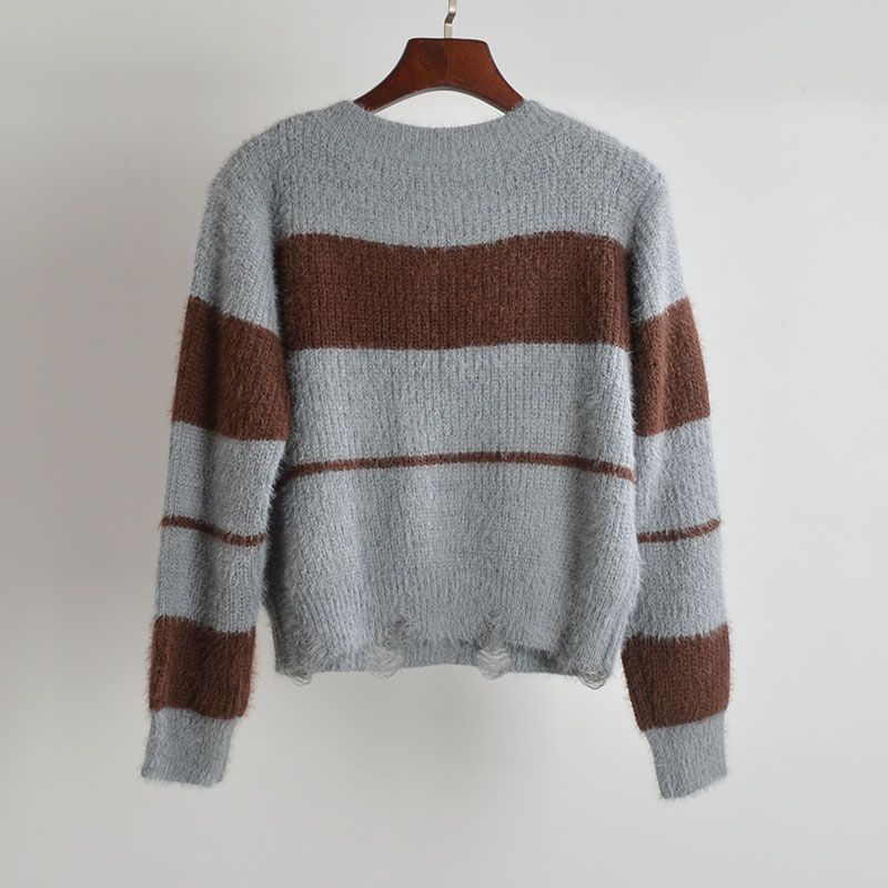 Fall and Winter Mixed Color Stripe V Neck Pullover Knitwear Women's Clothing Idle Style Loose Soft Glutinous Long Sleeves Sweater Outer Tops